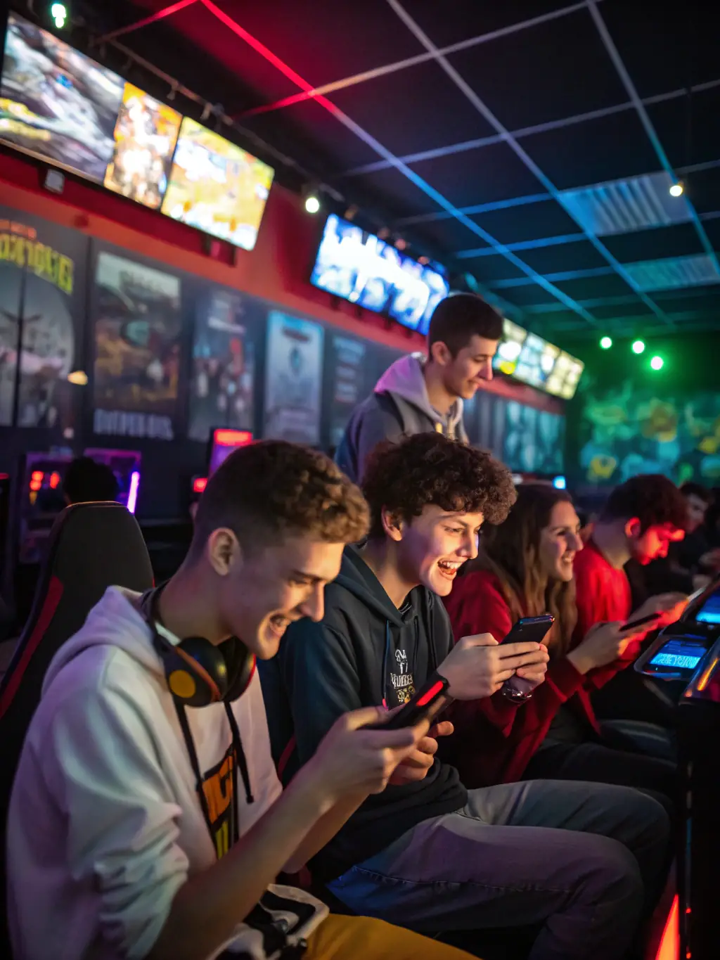 A vibrant image of GONEXTFAST members participating in a local esports tournament, showcasing teamwork and competitive spirit.