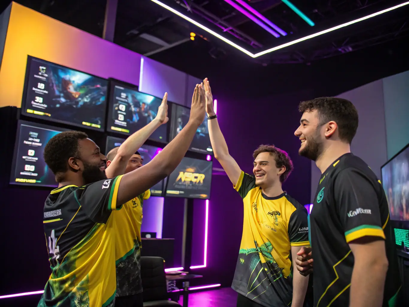 A diverse team of esports players is celebrating a victory, showcasing their teamwork and camaraderie. The image captures the excitement and unity that comes from achieving a common goal through collaboration.