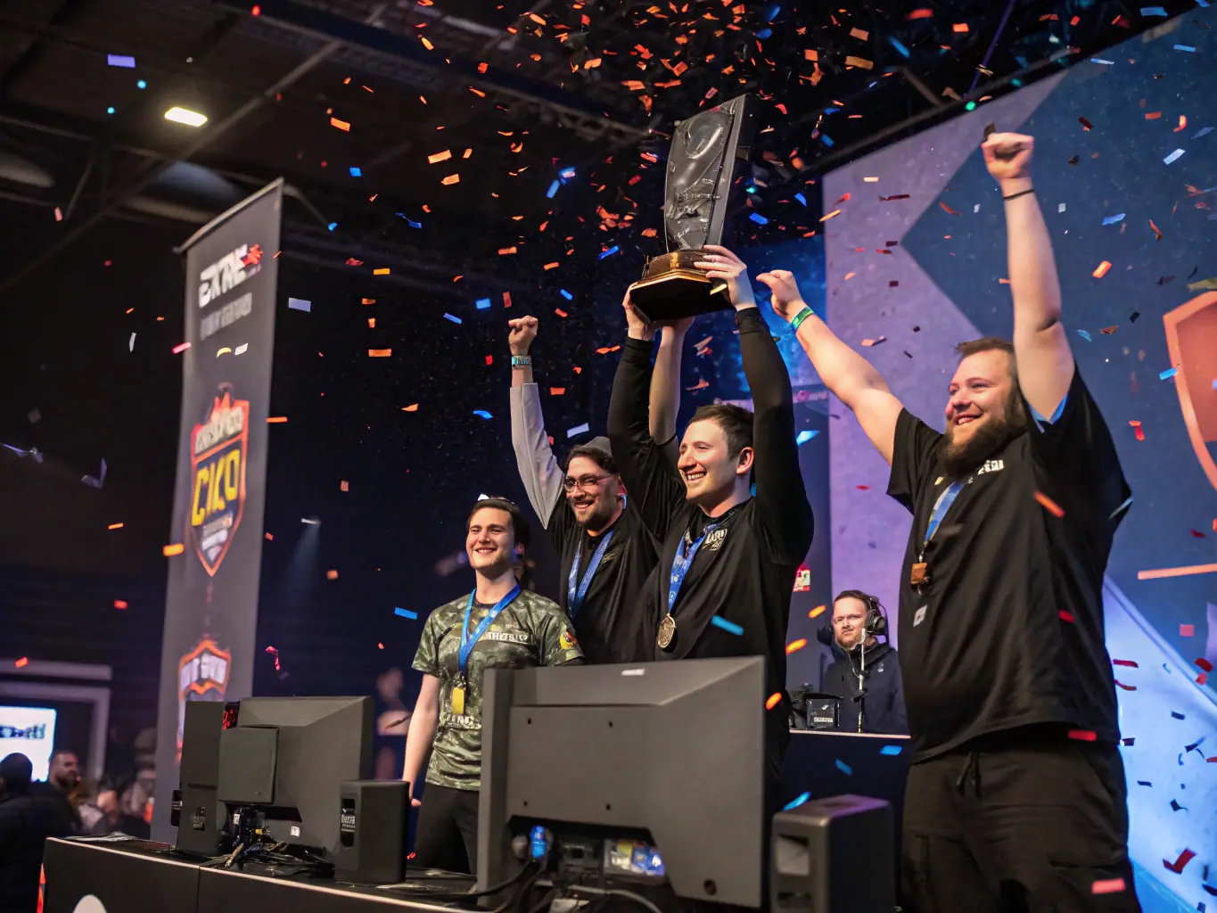 A team of players celebrating after winning a tournament, with banners and medals displayed, representing GONEXTFAST's Organized Esports Participation.