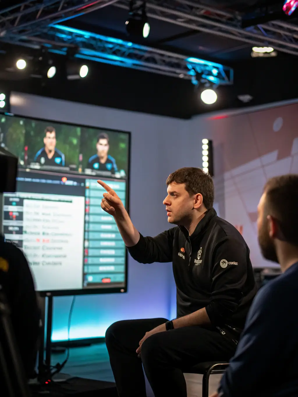 A mentor guiding a young esports player during a coaching session, providing strategic advice and skill development tips, in a dedicated esports training facility.