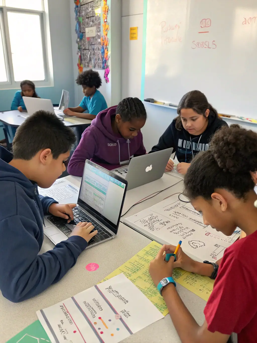 A diverse group of teenagers participating in a digital skills workshop, learning about game development and esports career paths, in a classroom setting.