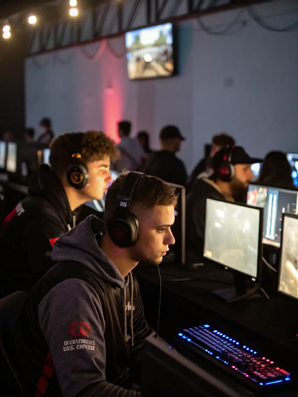 A diverse group of young adults participating in a GONEXTFAST-organized esports tournament, showcasing teamwork and competitive spirit.