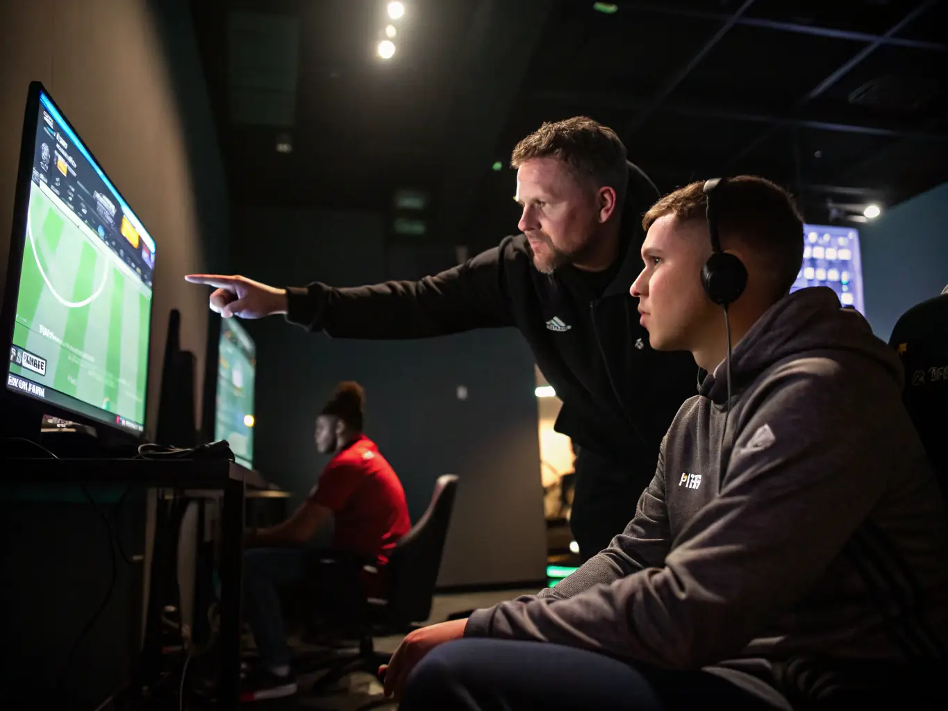 A coach providing one-on-one training to a young gamer, with screens displaying game strategies and performance metrics, illustrating GONEXTFAST's Player Development Programs.