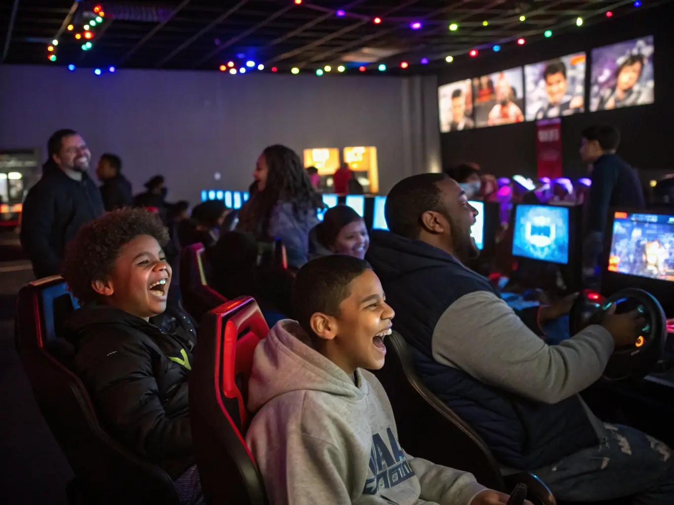 A group of esports enthusiasts is participating in a community event, engaging in friendly competition and social activities. The atmosphere is inclusive and welcoming, highlighting the social connection and youth engagement fostered by GONEXTFAST.