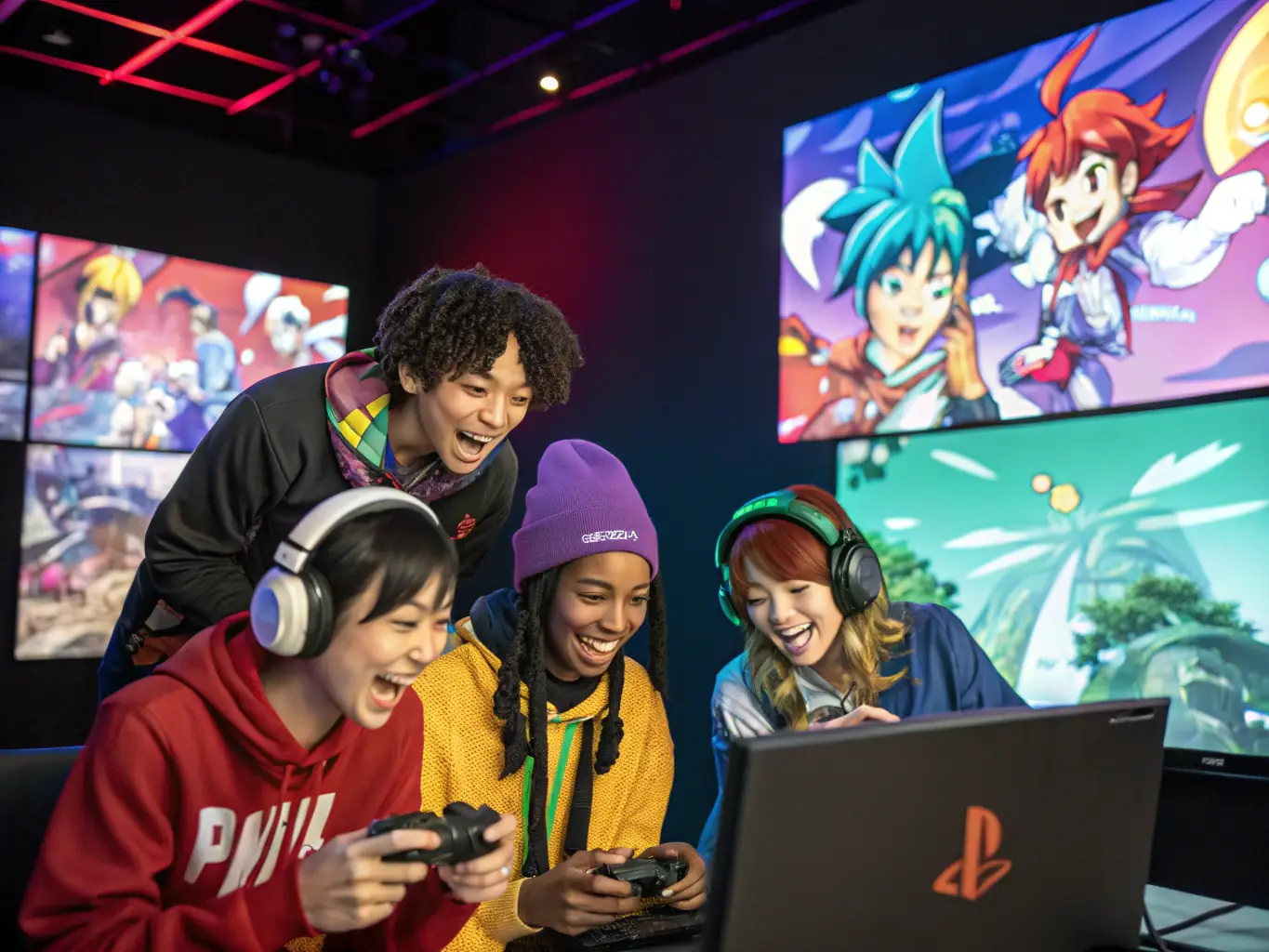 An energetic image of diverse gamers collaborating during a tournament, with vibrant lighting and enthusiastic expressions, showcasing GONEXTFAST's Esports Community Building program.