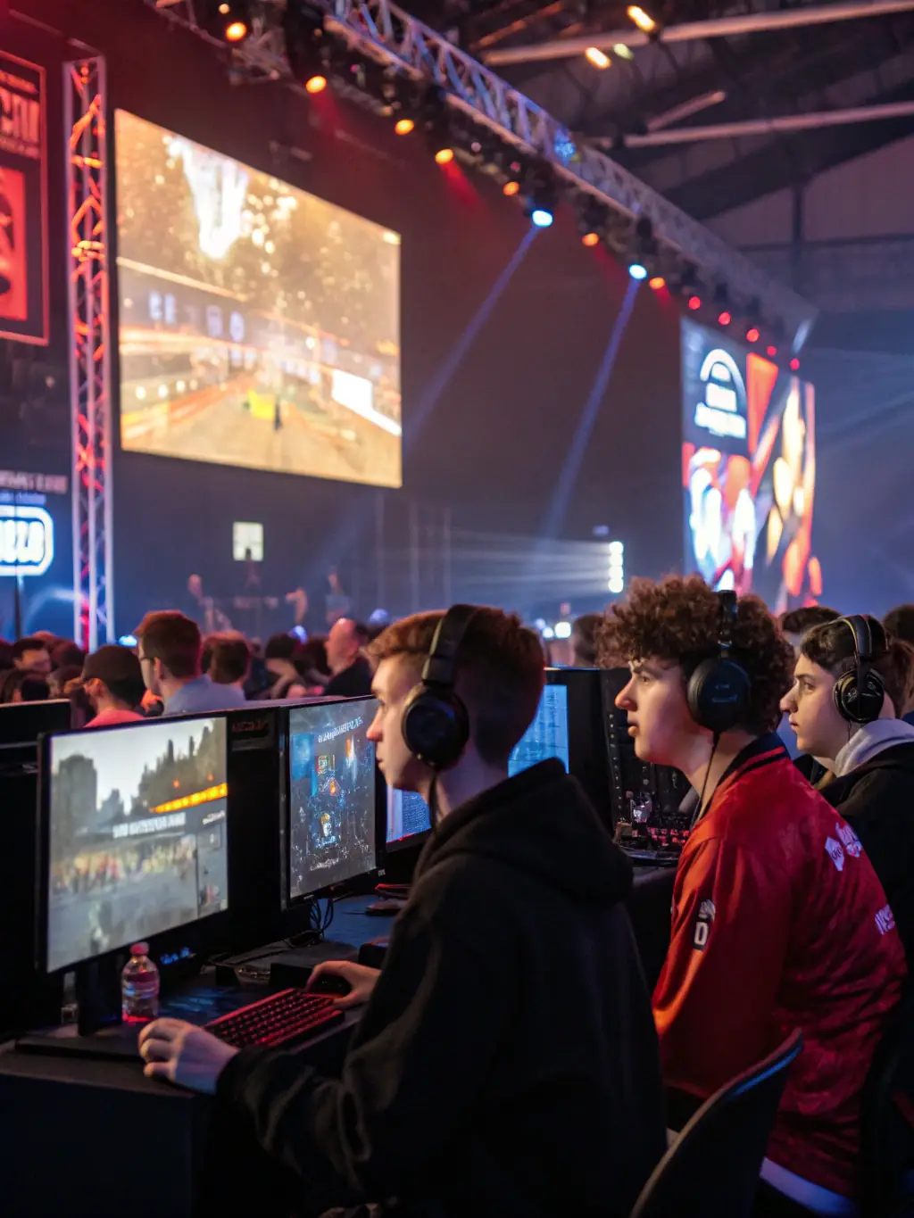 A vibrant image of young adults participating in a local esports tournament, showcasing teamwork and competitive spirit, set in a community center.