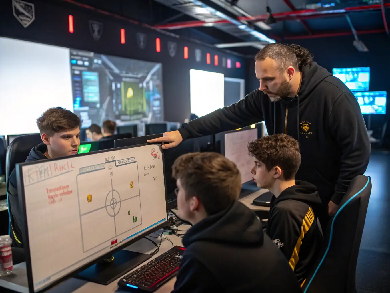 A group of young esports players are gathered around computers, intensely focused on their game, with supportive coaches and mentors guiding them. The scene is vibrant and energetic, capturing the essence of teamwork and skill development.